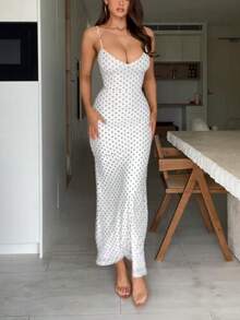 Summer Dress For Women Y2k Polka Dot Bodycon Dress Deep V Neck Sleeveless Backless Spaghetti-Strap Sundress, White Long Dress, Valentine's Day Dress, Beach Vacation, Semi Formal Women Dress - 白色 - 查看 7