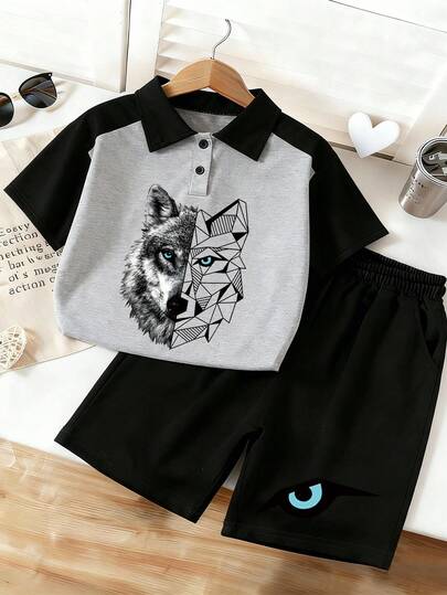 Teenage Boys' Colorblock Polo Shirt With Realistic & Geometric Wolf Head Print, Paired With Black Shorts Featuring Wolf Eye Pattern, Suitable For Spring/Summer Wear. Ideal For Students' Daily Wear, Parties, School, Music Festivals, Vacations And Commuting.