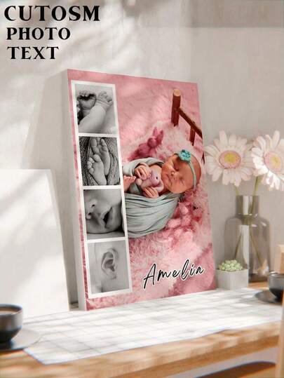 1 pieza Cuadro de pared de lienzo personalizado con foto y texto, regalo personalizado para recién nacido, niña, niño, nuevos padres, recuerdo, nombre personalizable, adecuado para dormitorio, sala de estar, boda, guardería, habitación de mascotas, hogar, amor, pareja, amigos, regalo de Navidad, multifuncional, decorativo, letras, de moda, moderno