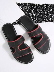 Teenagers' Fashion Flat Slippers, Glitter Soft Bottom Comfortable Casual Slides - Black - View 3