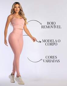 Fitness Set: Leggings And Top With Removable Padding, Spandex Fabric, Reinforced Seams, High Waist - Hồng nhạt - Xem 4