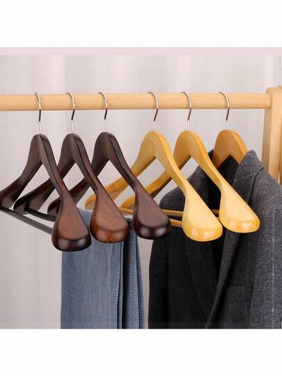 6pcs Wooden Clothes Hangers With Wide Shoulders And Non-Slip Pant Bars, Suitable For Thick Coats And Suits, 360° Rotating Hooks, Applicable For Sweaters, Jackets, Shirts, Heavy Garments, Retail Display And Home Storage