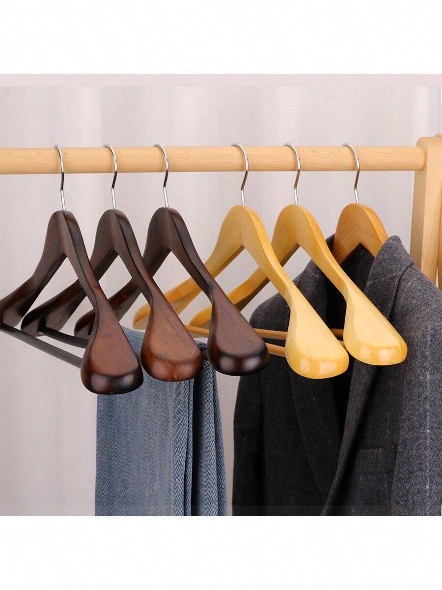 6pcs Wooden Clothes Hangers With Wide Shoulders And Non-Slip Pant Bars, Suitable For Thick Coats And Suits, 360° Rotating Hooks, Applicable For Sweaters, Jackets, Shirts, Heavy Garments, Retail Display And Home Storage