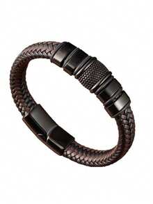 优雅男士双层编织仿皮手链，配金色不锈钢扣 - 时尚黑色编织绳腕带，手工手链 - 星星 - 查看 18