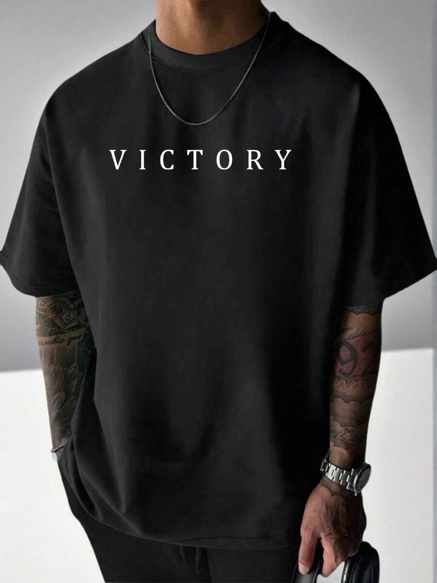 男士休闲百搭简约英文标语图案短袖T恤 - 黑色 - 查看 1