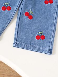 2pcs Baby Girls Street Chic Letter & Cherry Pocket Collar Long Sleeve Denim Jacket And Cherry Pocket Denim Pants Set, Spring/Autumn - Blue - View 8