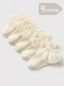 1/5 Pairs Girls Beige Casual Ruffle Trim Socks, Breathable Lace Trim Socks, Princess Style, Dance Socks, Suitable For Daily Wear, Spring/Summer - Beige - View 7