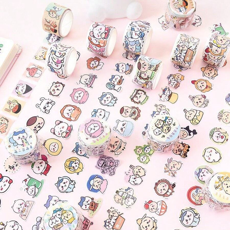 1张卡通环绕日式软可爱纸拼贴胶带DIY手账贴纸材料装饰棒卡通日式，学生礼物，奖励礼物，超可爱高档礼物送朋友，情人节礼物，广告礼品，情侣款，高档礼物[随机款] - 彩色 - 查看 1