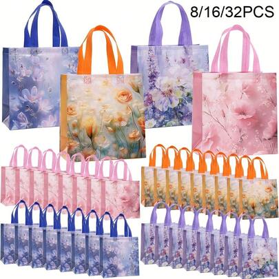 20pcs Elegant Floral & Botanical Painting Style Tote Bags - Non-Woven Polyester Party Bags, 9x8.46x4.33 Inches, Wedding, Birthday