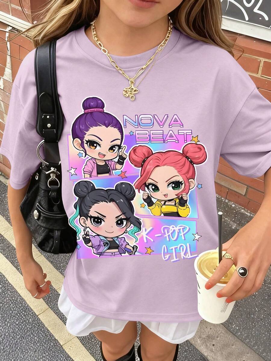 1 قطعة تي شيرت كوري فضفاض قصير الأكمام للبنات، مناسب للارتداء اليومي في المدرسة خلال فصلي الربيع والصيف - الأرجواني - مشاهدة 1