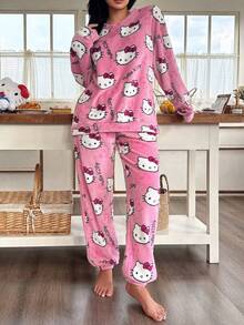 Sanrio 女士保暖长袖睡衣套装（两件套），包含上衣和裤子，秋冬季保暖舒适。