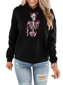 Item Picture Womens Gothic Skull Bone Print Hooded Sweatshirt Long Sle (2) - 黑色 - 查看 1