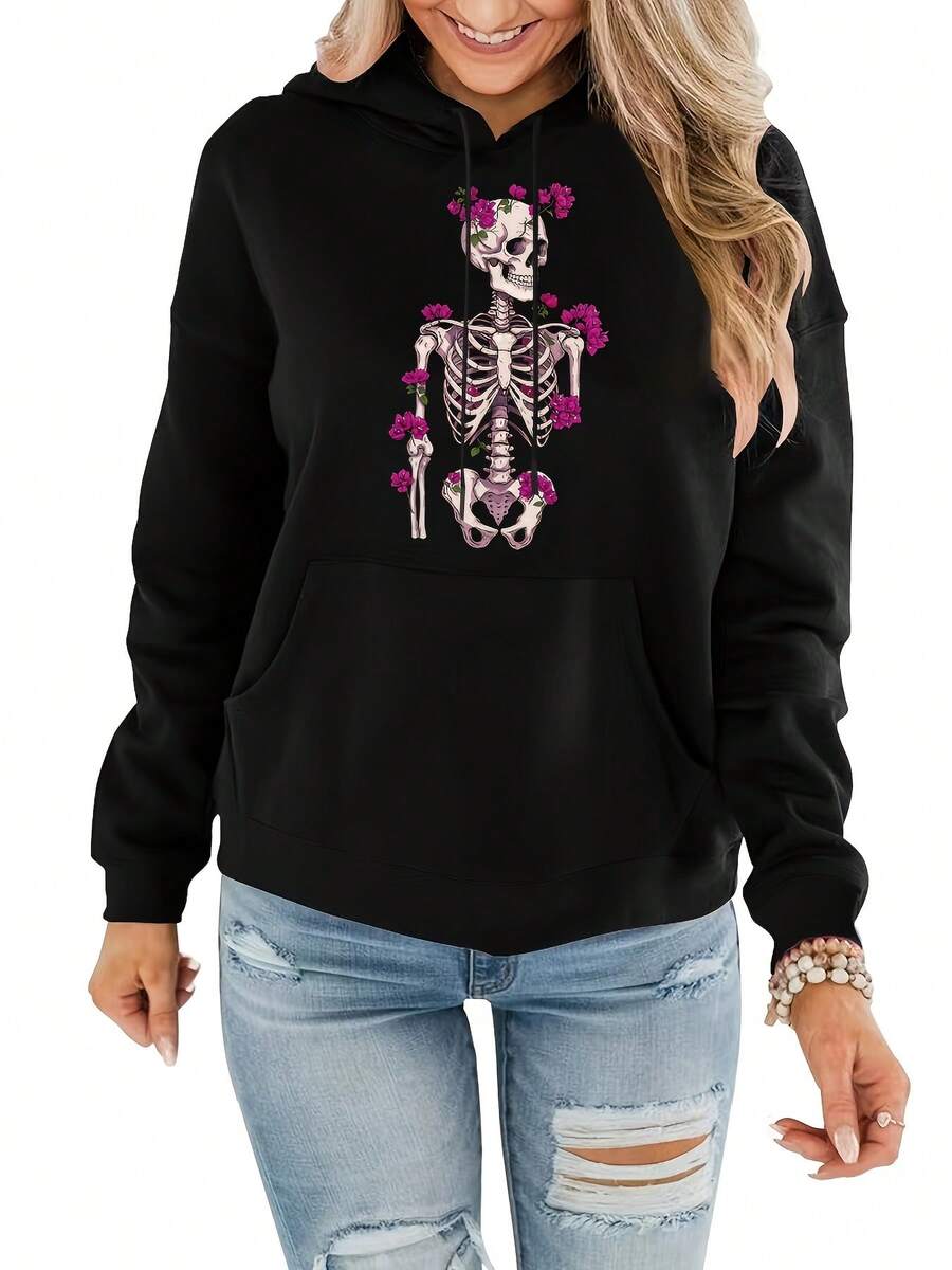 Item Picture Womens Gothic Skull Bone Print Hooded Sweatshirt Long Sle (2) - màu đen - Xem 1