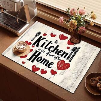 1pc Valentine's Day Series, Black Artistic Font Text Surrounded By Red Hand-Painted Heart Pattern Print, Coffee Bar Mat, Stove Mat, Drainage Mat, Silicone Drainage Mat For Coffee Machines, Rubber Drainage Mat, Super Absorbent And Wear-Resistant Dish Drying Mat, For Countertop, Restaurant, Kitchen, Patio Table Decor, Household Kitchen Supplies, Countertop Decorative Mat