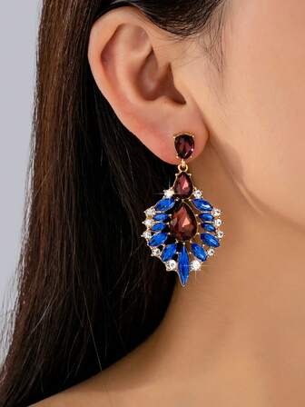 一对复洛克风格彩色水晶耳环，优雅奢华水滴形耳钉，镶嵌高端锆石的复古时尚优雅耳环，厂家直销批发