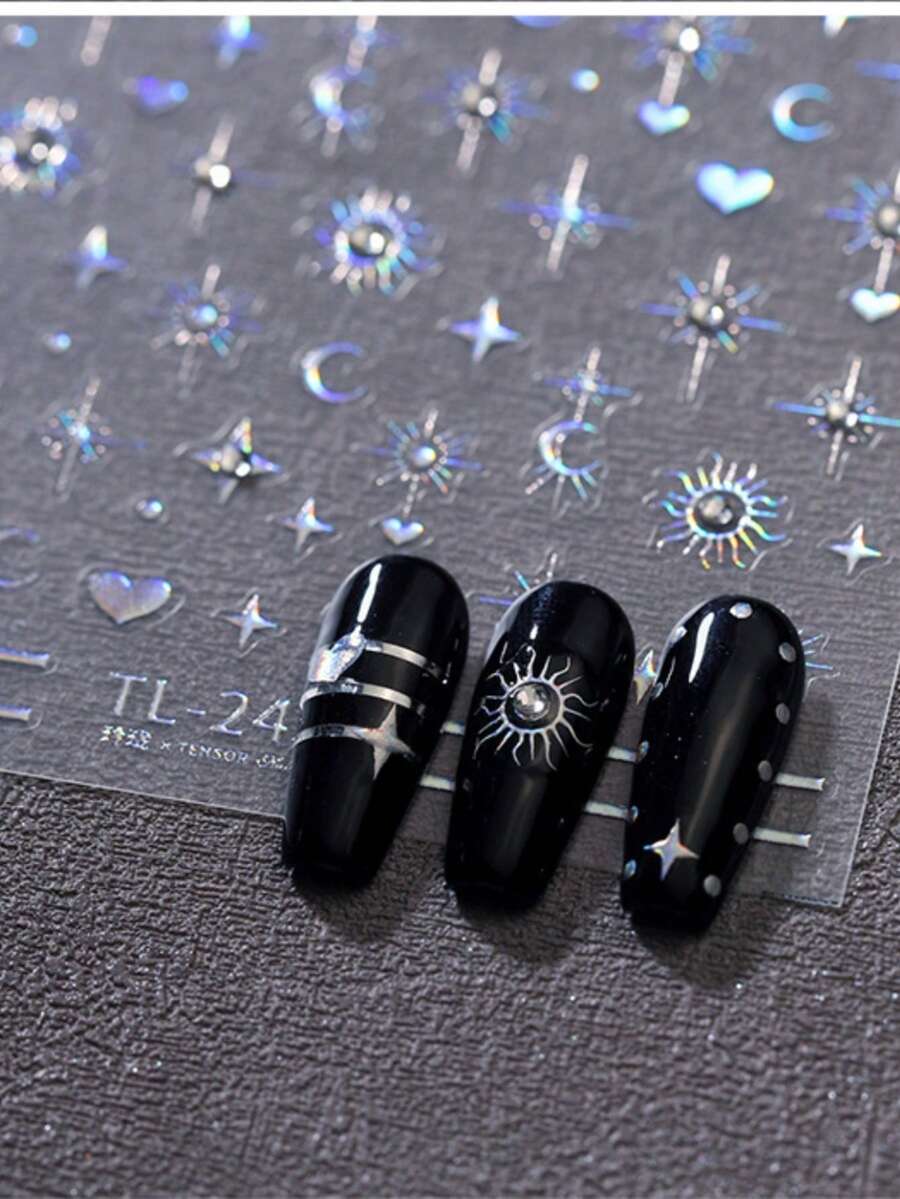 银色3D水钻星星贴纸,亮金色箔纸美甲装饰贴花,节日主题时尚六角星美甲设计 - 藕粉色 - 查看 1