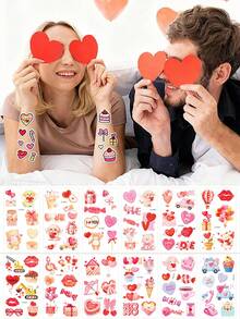 12 arkuszy tymczasowych tatuaży na walentynki, na ciało, dłoń, twarz, słodkie serduszka, naklejki na tatuaż na walentynki, materiały na naklejki ślubne - wzór ust/serca/pudełka na prezent/ciasto/cukierki/niedźwiedzia/psa/królika/kota, urocze naklejki z tatuażami na walentynki - Wielokolorowe - Zobacz 1