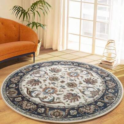 1pc Vintage Floral Round Rug, Deep Blue & Brown Retro Color, Luxury Art Carpet For Living Room, Bedroom, Study, Washable & Easy To Clean, Round Area Rug, Decorative Carpet