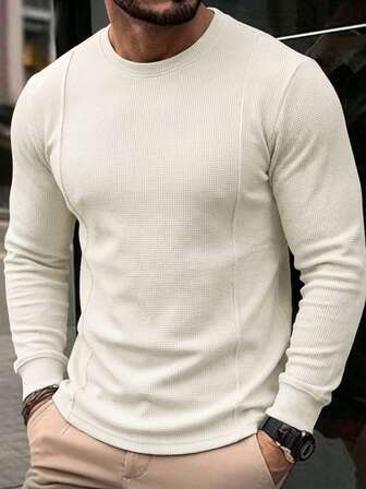 1 pieza Nueva camiseta de manga larga de cuello redondo con textura de gofre para hombres, duradera y que no se deforma, adecuada para el uso diario y el uso casual