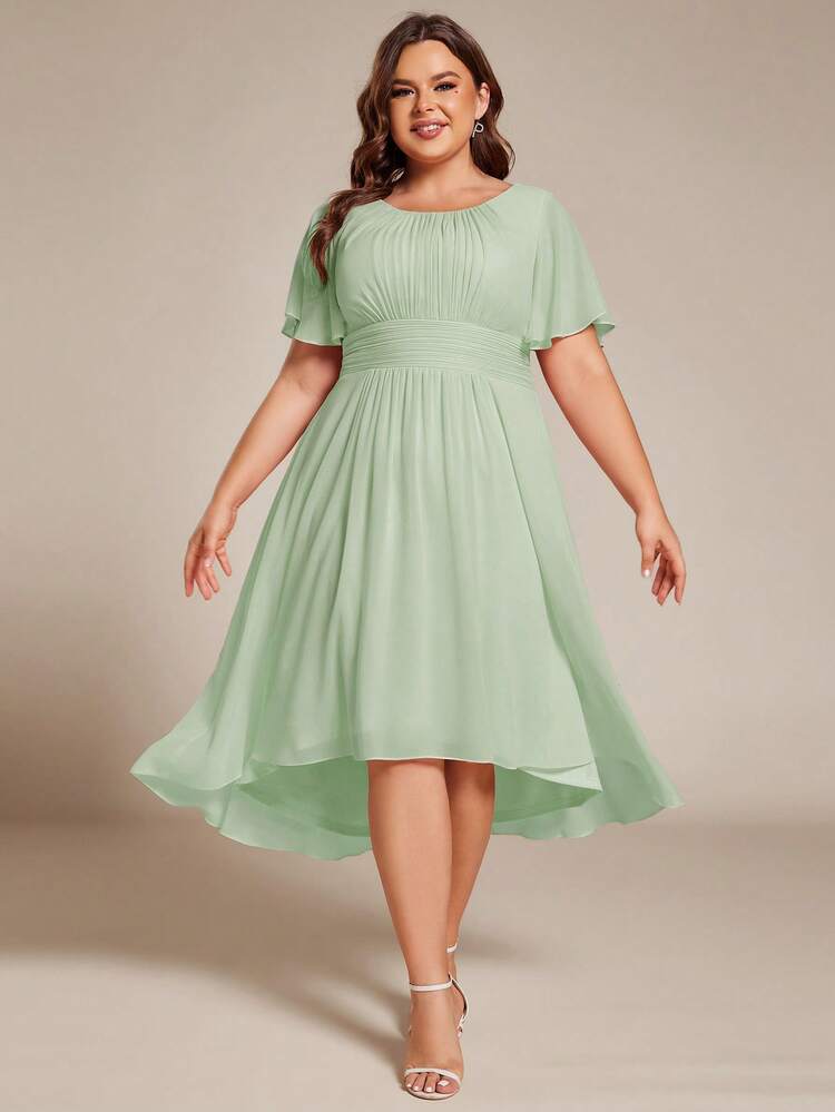 plus size short bridesmaid dresses EVERPRETTY Elegant Chiffon Round Neck Sleeve High-Low Hem Dress, High Waist Design Wedding Spring Party gothic fantasy gown A-Line Sweetheart Chapel Train Size:dress size pants : 38 designed to celebrate your