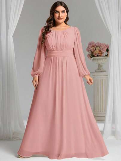 Plus Size Elegant Romantic A-Line Long Sleeve Pink Bridesmaid Dress, Formal Dress For Wedding Guest, Autumn