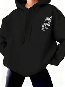 Women's Floral Print Curve Oversize Drawstring Hoodie, Popular Graphic Design , Spring And Summer Street College Style (Casual Versatile), Suitable For Outdoor Sportswear - Black - View 3