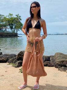 Women's Large Crochet Beach Bag, , With Shoulder Strap, Knitted, For Pool, Summer. - Apricot - View 3