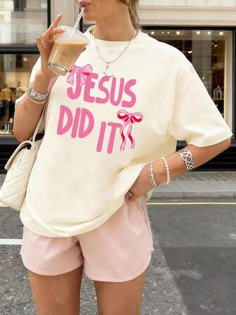 女式夏季休闲彩色字母耶稣做了它简单的蝴蝶结印花图案圆领T恤时尚百搭，女孩。图案T恤女式白色上衣