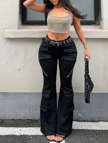 GILIPUR Neue schwarze Y2K Schlagjeans für Damen, Hoher Bund Slim Fit Stretch Lässig Cargohose, Retro Streetwear Stil, geeignet für Winter, Frühling, Neujahr, Valentinstag Feiertage und Geschenke - Schwarz - Übersicht 4