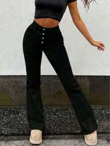 Women's Black Denim Flare Leg Jeans Long Button Pocket Zipper Casual Sexy Party Style Medium Stretch Pants - màu đen - Xem 8