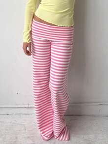 Women's Y2K Striped Wide-Leg Pants - Fold-Over Waist Casual Lounge Trousers - Retro Sweet Streetwear Pants - 粉色 - 查看 8