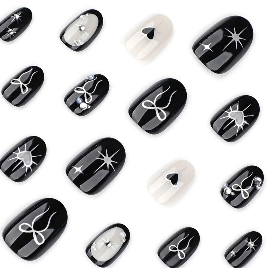 24pcs, Gothic Black Nail Art, False Nails, Bow And Heart Y2K Wearable Nail Tips, Short Almond Nail Tips. - 1 - 查看 1