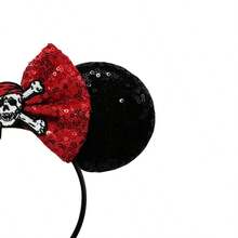 Disney 1件闪亮卡通加勒比海盗骷髅主题大耳朵亮片发箍，女士城堡游乐园装饰发饰，学生派对服装头饰 - 黑色 - 查看 5