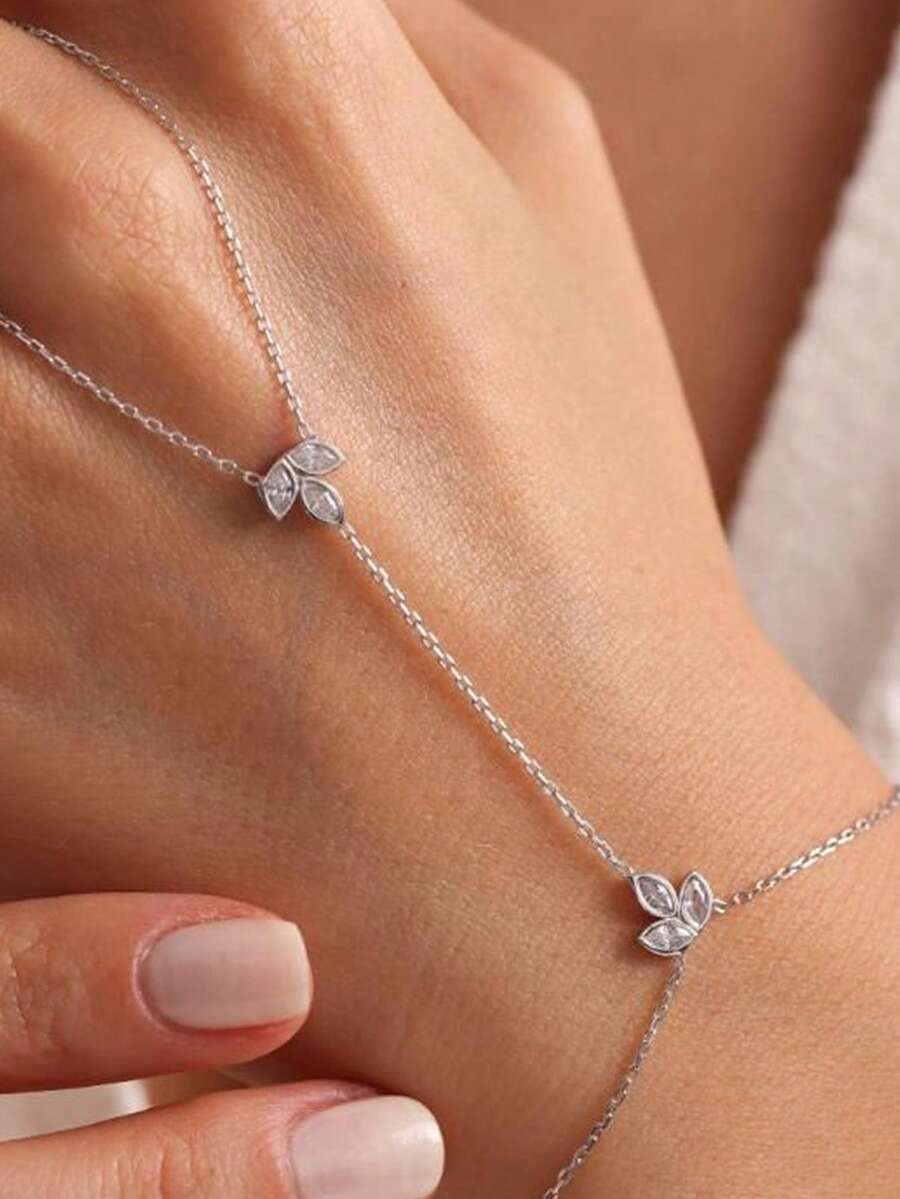 1pc Lotus Flower Finger Chain, Minimalist Elegant Bohemian Style Crystal Hand Chain Bracelet, Bridal Jewelry - Leaf - View 1
