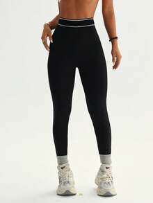 Women's Black & White Striped Waistband Slimming Sports Knit Leggings