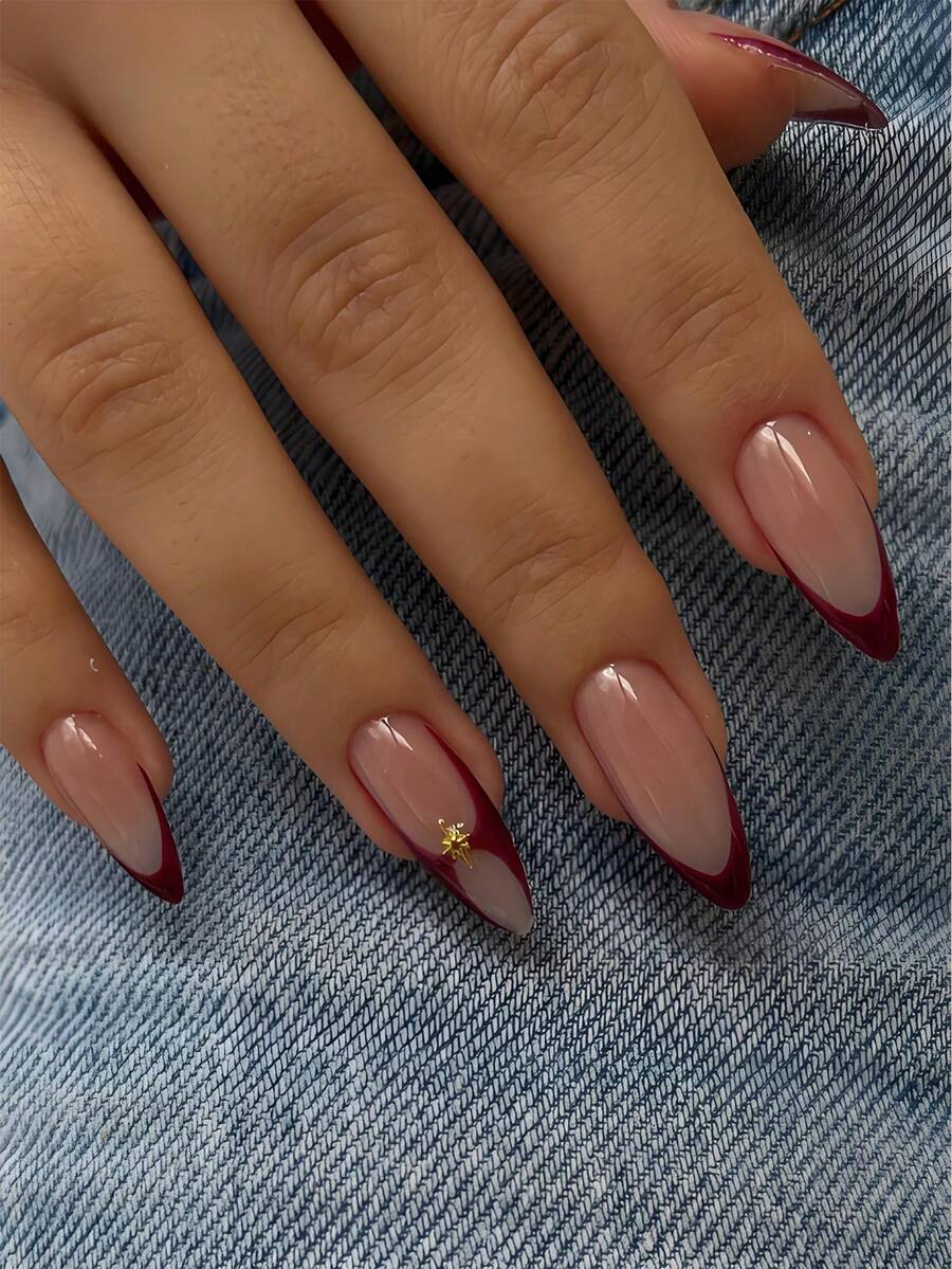 24 móng tay giả hình hạnh nhân kiểu Pháp, phong cách cổ điển lấp lánh vàng, bề mặt bóng, phù hợp cho phụ nữ và bé gái sử dụng hàng ngày, phụ kiện trang trí móng tay mùa thu/đông. - Nhiều màu - Xem 1