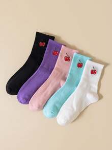 5 Pairs Korean Cherry Women's Socks, Casual Sports Socks, Unisex Mid-Calf Socks - Multicolor - View 4
