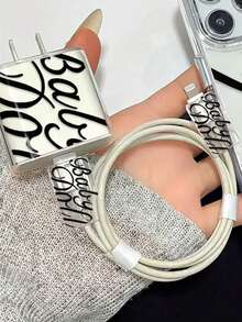 3pcs/Set Transparent Black & White Floral Letter Design Protective Case Compatible With Apple 18W-20W Charger Cable, Anti-Scratch And Anti-Breakage