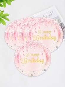 10个/20个/50个粉色和玫瑰金生日纸盘生日快乐餐具套装，适用于餐桌装饰用品，可爱金色7英寸甜点盘，9英寸餐盘，女士生日派对礼品用品 - 彩色 - 查看 4