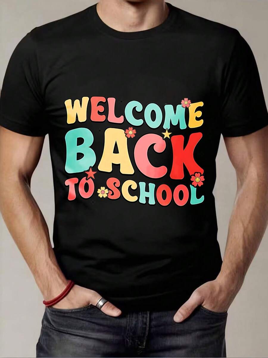 Black T-Shirt With Welcome Back To School Print In Colors For Back To School - Black - View 1