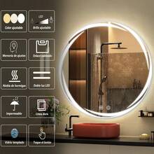 DASHLINE Bathroom Mirror, Round LED Bathroom Mirror With Memory Function And HD Defogger, Makeup Mirror, Smart Touch Buttons, 3 Dimmable Colors, 4mm Explosion-Proof Glass: Home & Kitchen - 灰月 - 查看 3