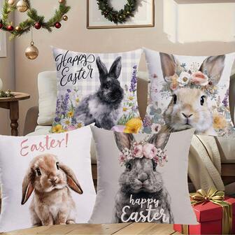 4件套复活节可爱兔子印花毛绒抱枕套，45x45厘米/18英寸x18英寸 - 兔子和复活节彩蛋印花装饰抱枕套，适用于客厅、卧室、沙发、床、户外装饰，不含枕芯