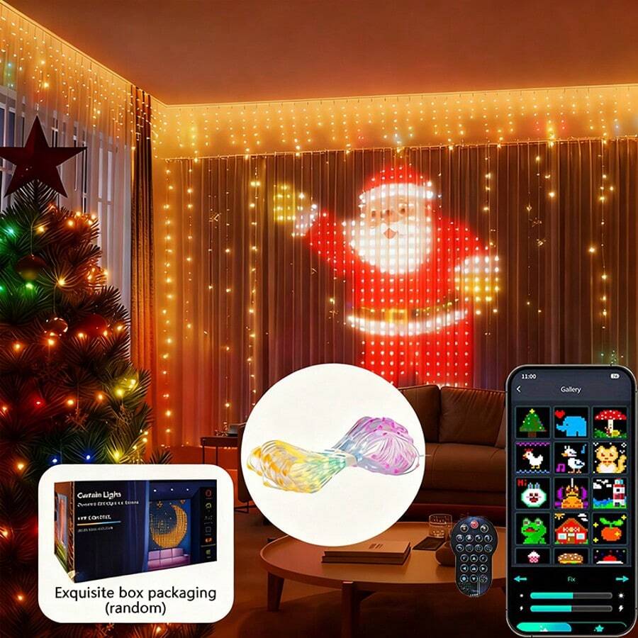 Smart Curtain Light String, 118*118-Inch Intelligent Curtain Lights, Featuring 400 LED Bulbs. Programmable Animations And Text Effects, 1600 Adjustable Colours, Music Synchronisation Function, Timer Settings, App And Remote Control Operation, IP44 Waterproof Rating. An Ideal Choice For Christmas Decorations, Party Setups, And Creating Romantic Atmospheres, Also Making It The Perfect Gift Selection. - 118in/3m - View 1