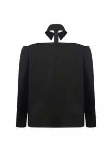 Camicia elegante da pendolare da donna, blusa a maniche lunghe con spalle scollate e fiocco, in tessuto liscio con bottoni frontali e vita annodata, adatta per ufficio, uso quotidiano, aeroporto, appuntamenti, primavera/estate, colore nero - nero - Visualizzare 2