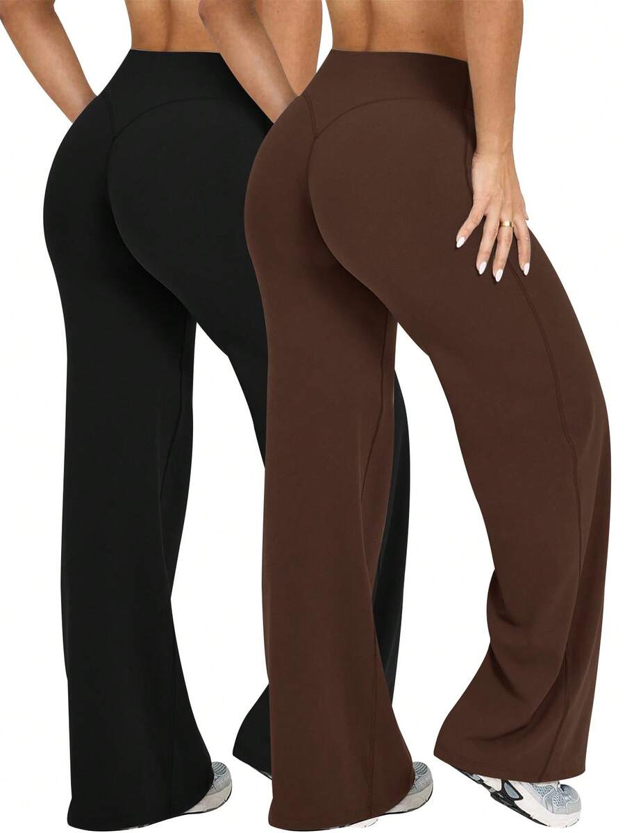 VVX Yoga Pants Women High Waist Stretch Casual Soft Straight Leg Bottoms - Black/Brown - View 1