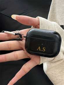 [Customized]Personalized Custom Golden Initials Letters Customize Earphone Case Compatible With 1 2 3 4 Pro 2 Pro 3 Luxury Faux Leather Pattern TPU Cover With Keychain