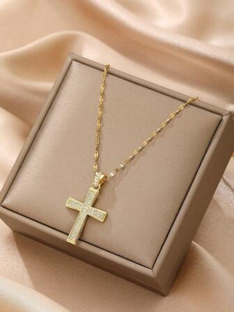 1pc Gold-Color Cubic Zirconia Cross Pendant Necklace Choker (OPP Bag Packaging)
