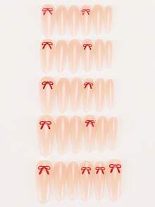 30 Pieces Press On Nails Almond/Three Dimensional Bow Nude Color Press On Nail Plate For Sweet And Hot Girl Nail Art/Perfectly Fitting Acrylic Fake Nail Set, Including 1 Jelly Glue And 1 Nail File, Suitable For Women's Daily Work, Study, And Gatherings In Autumn And Winter Nail Products Suitable For Gatherings, Festivals , And Daily Use