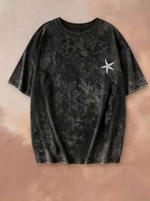 Summer New Simple Fashion Starfish Holiday Style Letter Print Casual Round Neck Tie-Dye Short Sleeve T-Shirt, Fashionable & Versatile Women Top - Black - View 5