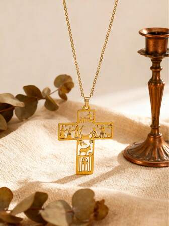 1件时尚不锈钢巫师剪影镂空十字架吊坠项链，适合女性日常及节日佩戴